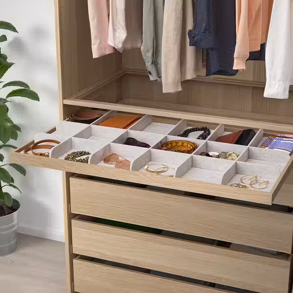 KOMPLEMENT Выдвижная полка с разделителем - под беленый дуб/светло-серый 100x58 см - схема-чертеж с размерами