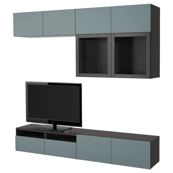 Шкаф для ТВ, комбинированный, стекляные дверцы БЕСТО, черно-коричневый, Вальвикен серо-бирюзовый, прозрачное стекло (240x40x230 - фото 1