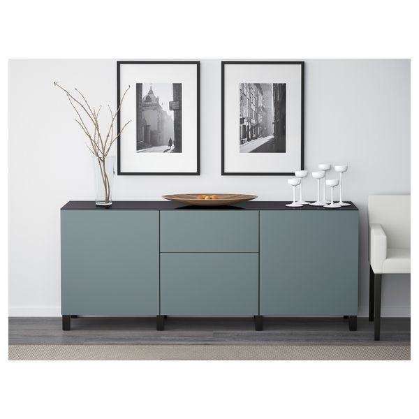 Комбинация для хранения с дверцами, ящиками БЕСТО, черно-коричневый, Вальвикен серо-бирюзовый (180x40x74 см) - схема-чертеж с размерами