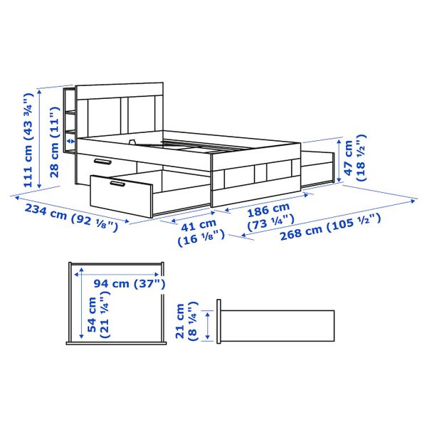 Каркас кровати с изголовьем, белый 180x200 см IKEA BRIMNES БРИМНЭС 793.986.10 - схема-чертеж с размерами