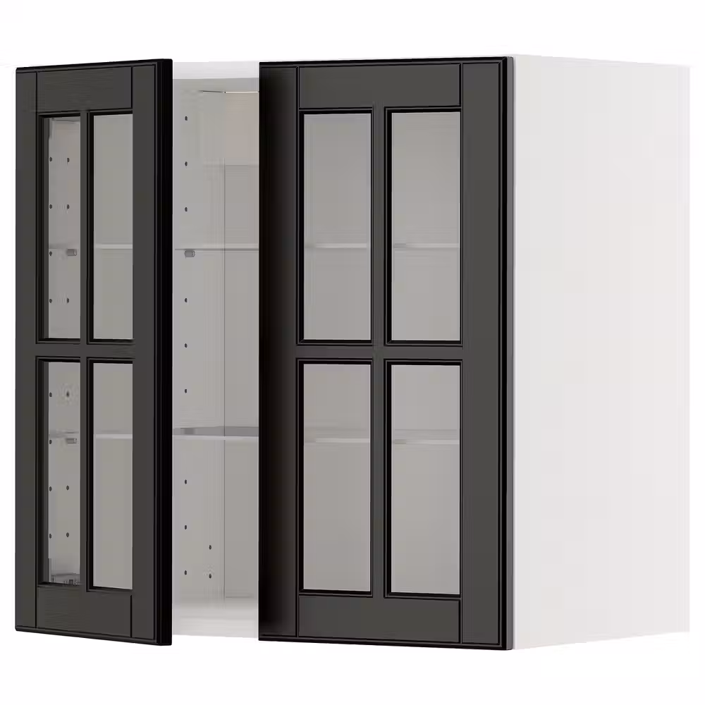METOD Навесной шкаф/полки/2стеклян двери - белый/Bodbyn чёрный 60x60 см - фото 1