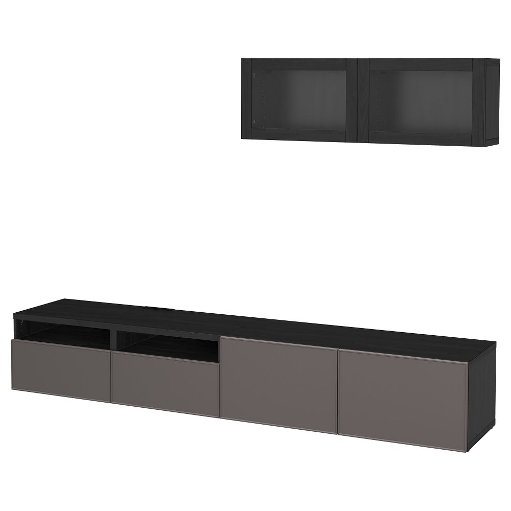 Шкаф для ТВ, комбинированный, стекляные дверцы БЕСТО, черно-коричневый Грундсвикен, темно-серый прозрачное стекло (240x20/40x166 - фото 1