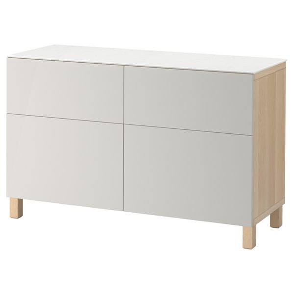 Комбинация для хранения с дверцами, ящиками БЕСТО, под беленый дуб, Лаппвикен светло-серый (120x42x74 см) - фото 1