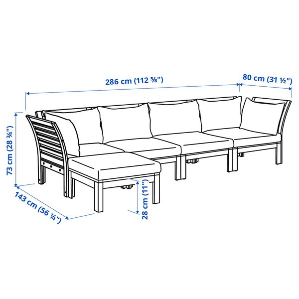 4-местный модульный диван, садовый, с табуретом для ног коричневая морилка/Холло бежевый 143/286x80x73 см IKEA ЭПЛАРО 292.288.61 - схема-чертеж с размерами