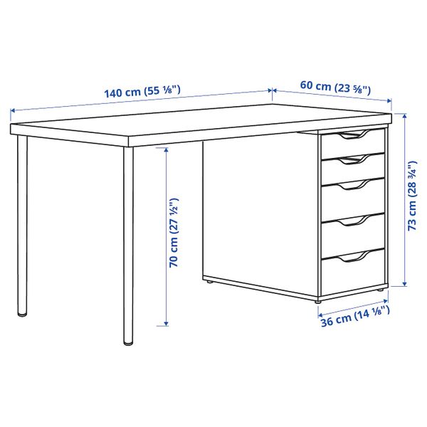 Письменный стол, береза/белый 140x60 см IKEA MÅLSKYTT МОЛСКЮТТ / ALEX АЛЕКС 394.178.04 - схема-чертеж с размерами