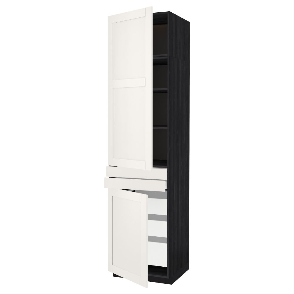 Высокий шкаф + полки, 5 ящиков, 2 дверцы, 2 фронтальных МЕТОД / МАКСИМЕРА, черный, Сэведаль белый - схема-чертеж с размерами