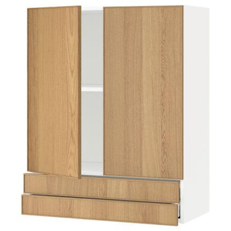 Навесной шкаф, 2 дверцы, 2 ящика МЕТОД / МАКСИМЕРА, белый, Экестад дуб