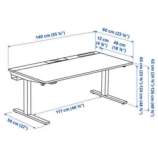 MITTZON МИТТЗОН Стол/трансф - электрический белый/чёрный 140x60 см - схема-чертеж с размерами