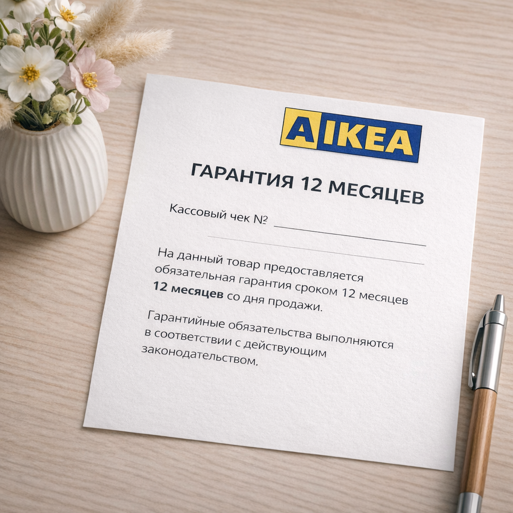 Фирменный гарантийный талон AIKEA с печатью и сроком гарантии 12 месяцев, лежащий на столе рядом с целой керамической вазой