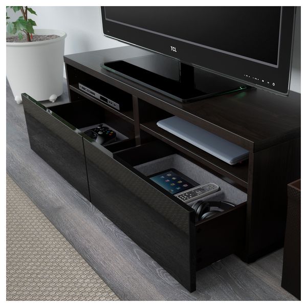 Шкаф для ТВ, комбинированный, стекляные дверцы БЕСТО, черно-коричневый, Сельсвикен глянцевый/черный прозрачное стекло - фото 3