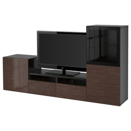 Шкаф для ТВ, комбинированный, стекляные дверцы БЕСТО, черно-коричневый, Сельсвикен глянцевый/коричневый прозрач стекло