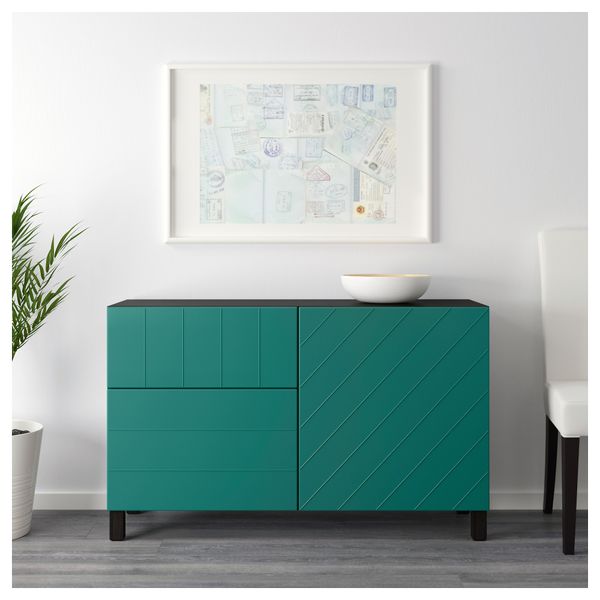 Комбинация для хранения с дверцами, ящиками БЕСТО, черно-коричневый, Халлставик сине-зеленый (120x40x74 см) - схема-чертеж с размерами