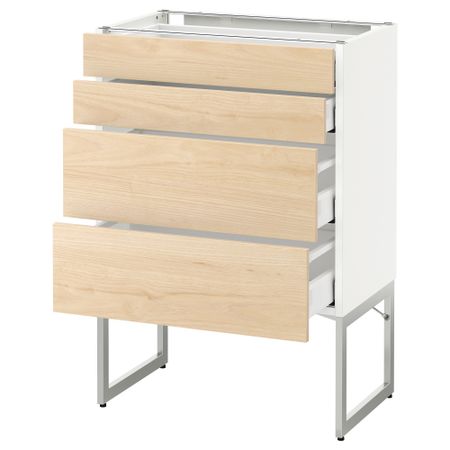 Напольный шкаф 4 фронтальных панели, 2 низких, 2 средних ящика МЕТОД / МАКСИМЕРА, белый, Аскерсунд ясень под светлый ясень