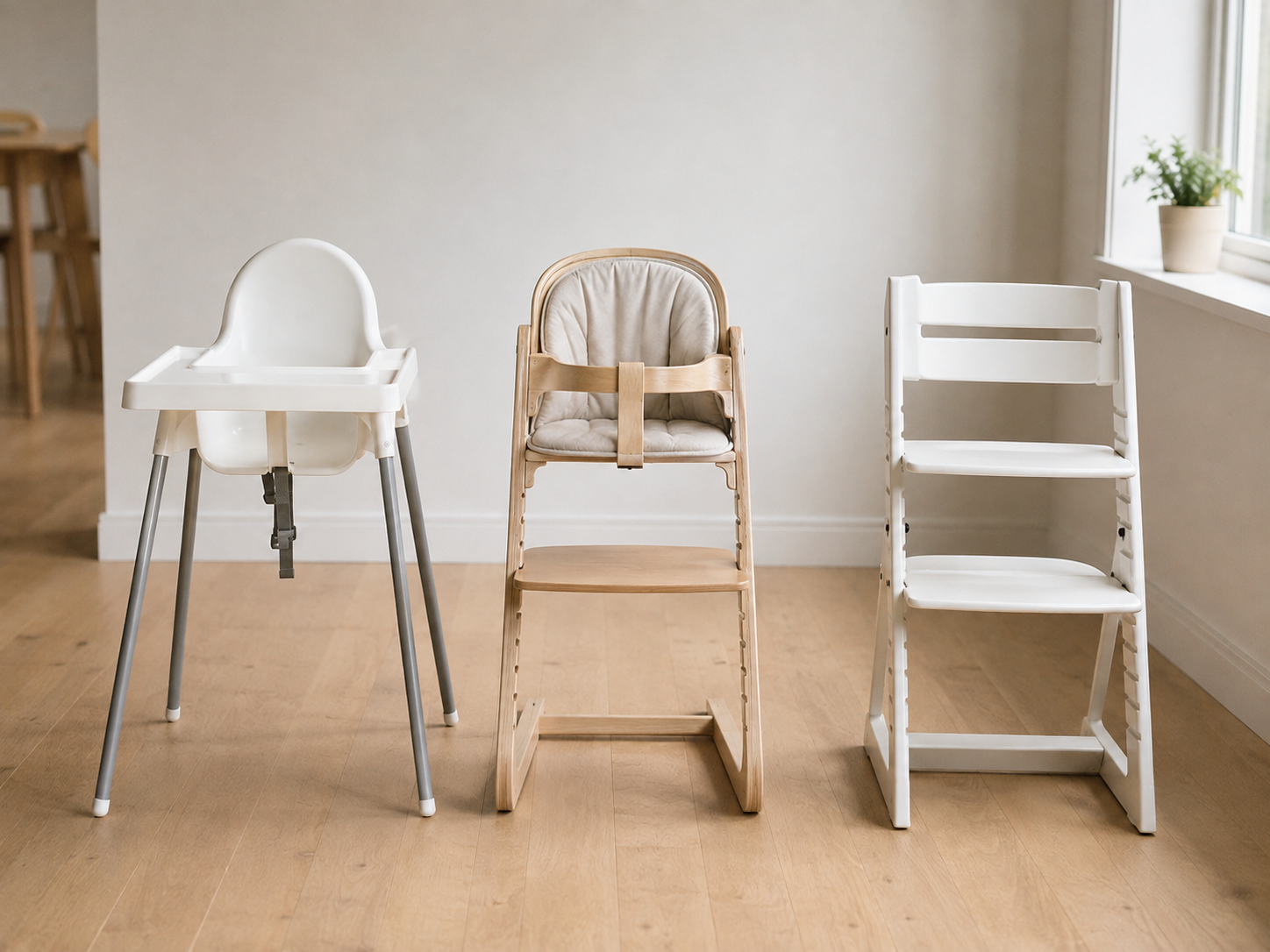 Три стульчика IKEA рядом: ANTILOP (пластик), LANGUR (трансформер), AGAM (растущий стул)