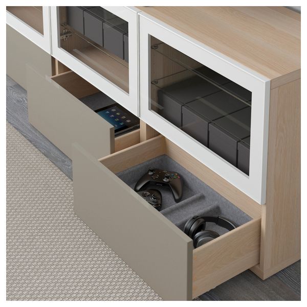 Тумба под ТВ, с дверцами и ящиками БЕСТО, под беленый дуб, Сельсвикен глянцевый/бежевый прозрачное стекло (180x40x64 см) - фото 3