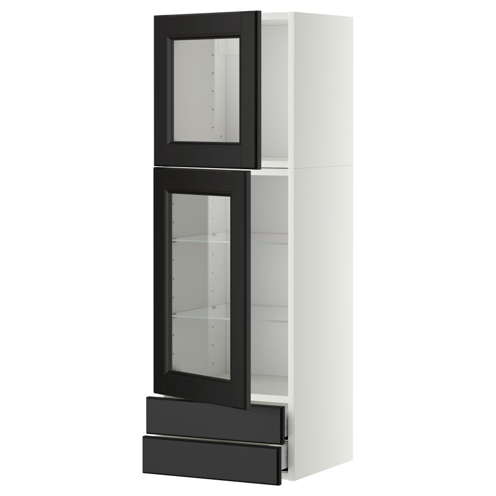 Навесной шкаф, 2 стеклянные дверцы, 2 ящика МЕТОД / МАКСИМЕРА, белый, Лаксарби черно-коричневый - фото 1