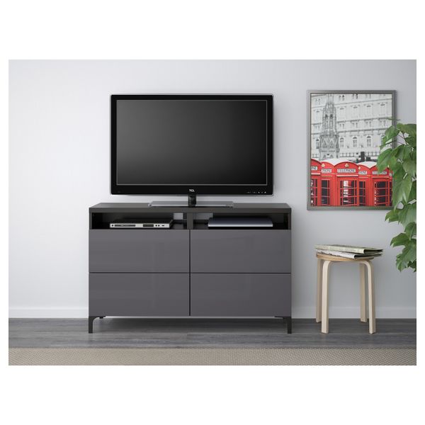 Тумба для ТВ с ящиками БЕСТО, черно-коричневый, Сельсвикен глянцевый/серый (120x40x74 см) - фото 2