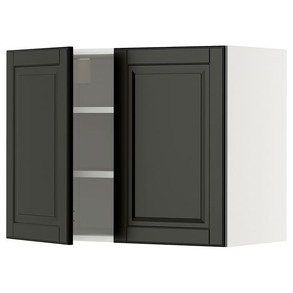 METOD Навесной шкаф с полками/2дверцы - белый/Bodbyn чёрный 80x60 см - фото 1
