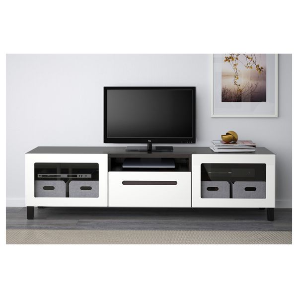 Тумба под ТВ БЕСТО, черно-коричневый, Марвикен белый прозрачное стекло (180x40x48 см) - фото 2