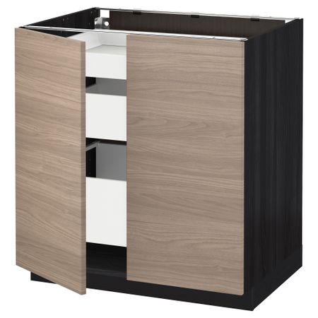 Напольный шкаф с 2 дверцами, 3 ящиками МЕТОД / МАКСИМЕРА, черный, Брокхульт светло-серый (80x60 см)