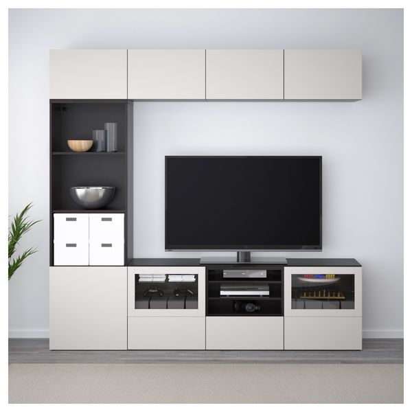 Шкаф для ТВ, комбинированный, стекляные дверцы БЕСТО, черно-коричневый Лаппвикен, Синдвик светло-серый прозрачное стекло - фото 2