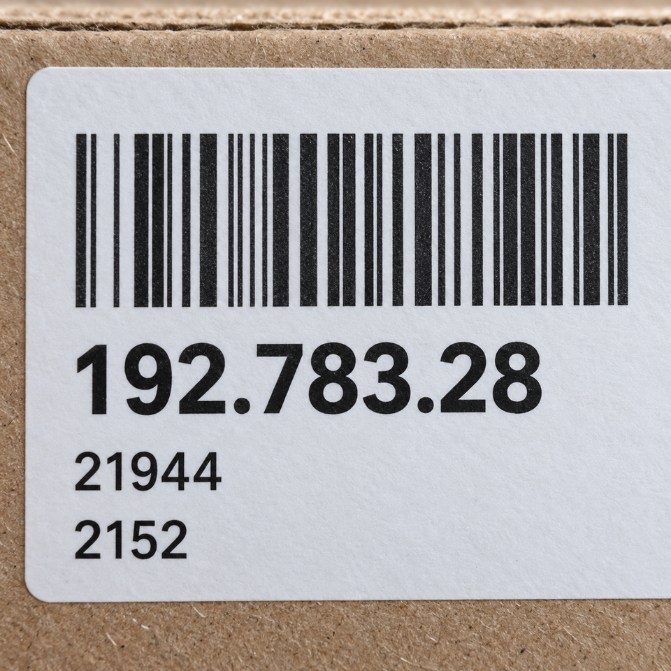 Учебная схема этикетки: артикул 192.783.28, поставщик 21944, дата производства 2152 (YYWW) — иллюстрация, не фото