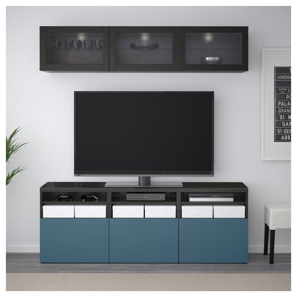 Шкаф для ТВ, комбинированный, стекляные дверцы БЕСТО, черно-коричневый Вальвикен, темно-синий прозрачное стекло (180x40x192 см) - фото 2