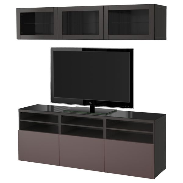 Шкаф для ТВ, комбинированный, стекляные дверцы БЕСТО, черно-коричневый, Вальвикен темно-коричневый, прозрачное стекло - фото 1