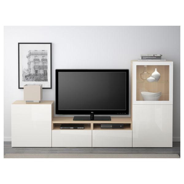 Шкаф для ТВ, комбинированный, стекляные дверцы БЕСТО, под беленый дуб, Сельсвикен глянцевый/белый прозрачное стекло (240x40x128 - фото 2