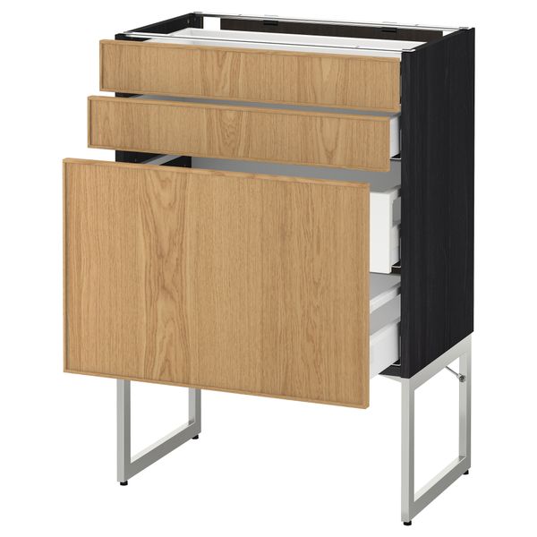 Напольный шкаф 3 фронтальных панели, 2 нижних, 2 средних ящика МЕТОД / МАКСИМЕРА, черный, Экестад дуб - схема-чертеж с размерами