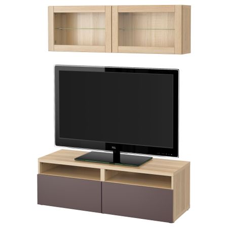 Шкаф для ТВ, комбинированный, стекляные дверцы БЕСТО, под беленый дуб, Вальвикен темно-коричневый, прозрачное стекло