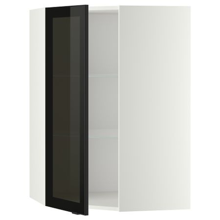 Угловой навесной шкаф с полками, стекляными дверцами МЕТОД, белый, Ютис дымчатое стекло