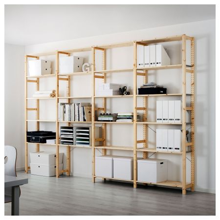 4 секции, полки ИВАР, сосна (344x226 см)