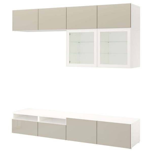 Шкаф для ТВ, комбинированный, стекляные дверцы, белый/Сельсвикен глянцевый, бежевый прозрачное стекло 240x42x231 см IKEA BESTÅ - фото 1