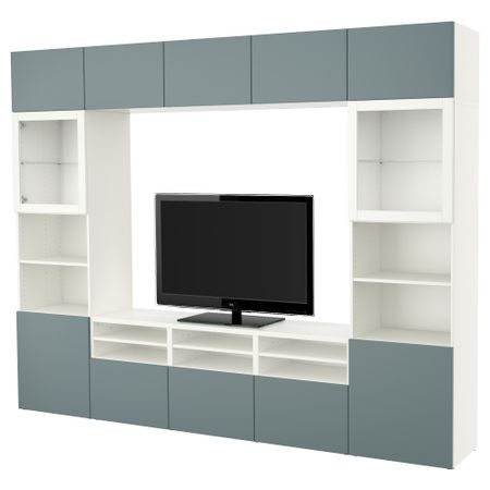 Шкаф для ТВ, комбинированный, стекляные дверцы БЕСТО, белый, Вальвикен серо-бирюзовый, прозрачное стекло (300x40x230 см)