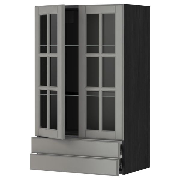 Навесной шкаф, 2 стеклянные дверцы, 2 ящика МЕТОД / ФОРВАРА, черный, Будбин серый - фото 1