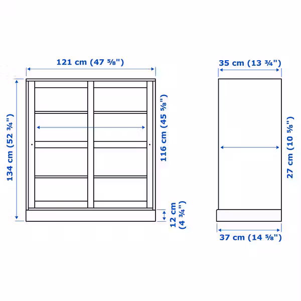 HAVSTA Шкаф-витрина с цоколем - серо-бежевый/прозрачное стекло 121x37x134 см - схема-чертеж с размерами