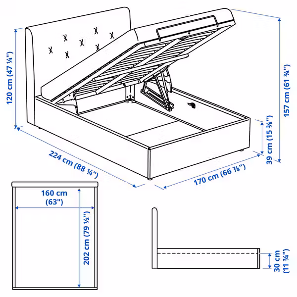 IDANÄS Тахта с обивкой - Naggen бежевый 160x200 см - схема-чертеж с размерами