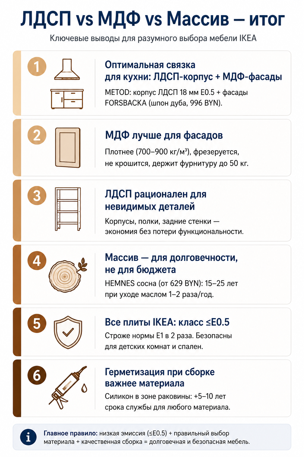 Итоги сравнения: ЛДСП для корпусов, МДФ для фасадов, массив для долговечности. IKEA ≤ E0.5.
