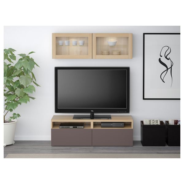 Шкаф для ТВ, комбинированный, стекляные дверцы БЕСТО, под беленый дуб, Вальвикен темно-коричневый, прозрачное стекло - фото 2