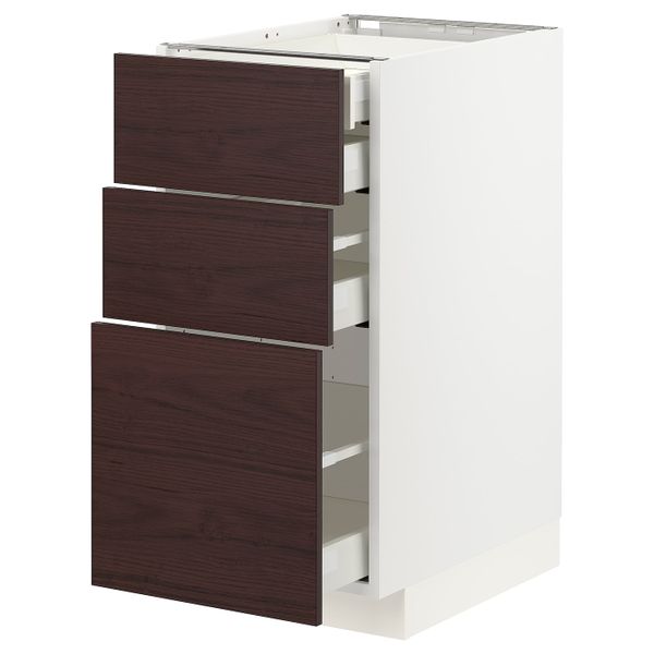 Напольный шкаф 3 фронтальные панели, 2 низких, 1 средний, 1 встроенный ящ, белый Аскерсунд/темно-коричневый под ясень 40x60 см - фото 1