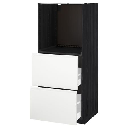 Высокий шкаф с 2 ящиками для духовки МЕТОД / МАКСИМЕРА, черный, Воксторп белый (60x60x140 см)