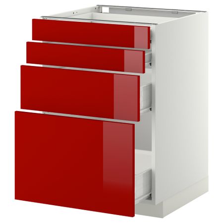 Напольный шкаф 4 фронтальных панели, 4 ящика МЕТОД / ФОРВАРА, белый, Рингульт красный