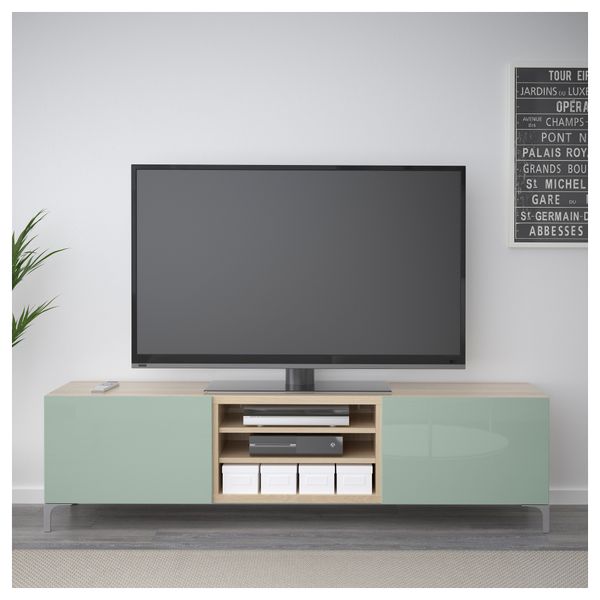 Тумба для ТВ с ящиками БЕСТО, под беленый дуб, Сельсвикен глянцевый/серо-зеленый светлый (180x40x48 см) - фото 2