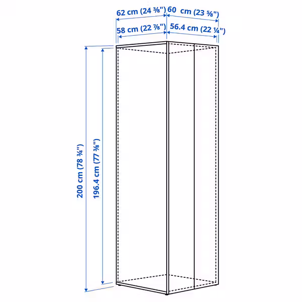 LASTARE ЛАСТАРЕ Каркас с дверцами - белый 60x62x200 см - схема-чертеж с размерами