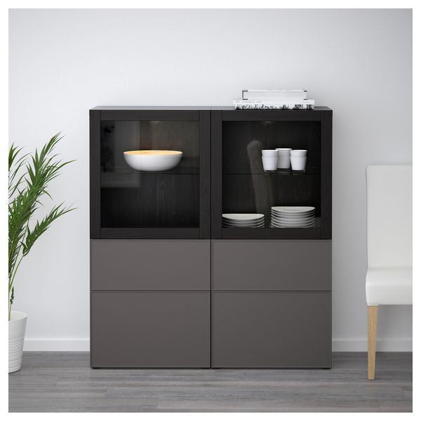 Комбинация для хранения со стеклянными дверцами БЕСТО, черно-коричневый Грундсвикен, темно-серый прозрачное стекло (120x40x128 - фото 2