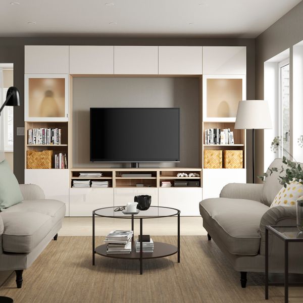 Шкаф для ТВ, комбинированный, стекляные дверцы, под беленый дуб/Сельсвикен глянцевый, белый матовое стекло 300x42x231 см IKEA - фото 3