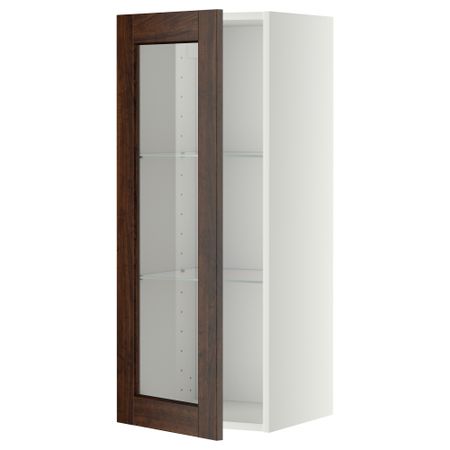 Навесной шкаф с полками, стекляными дверцы МЕТОД, белый, Эдсерум коричневый
