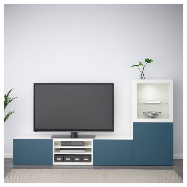 Шкаф для ТВ, комбинированный, стекляные дверцы БЕСТО, белый Вальвикен, темно-синий прозрачное стекло (240x40x128 см) - фото 3