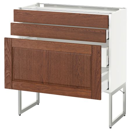 Напольный шкаф 3 фронтальных панели, 2 нижних, 2 средних ящика МЕТОД / МАКСИМЕРА, белый, Филипстад коричневый